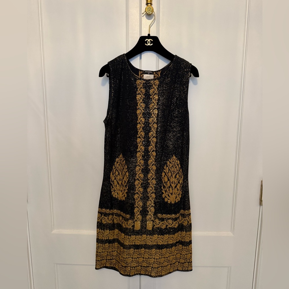 CHANEL Black and Gold Patterned Mini Dress